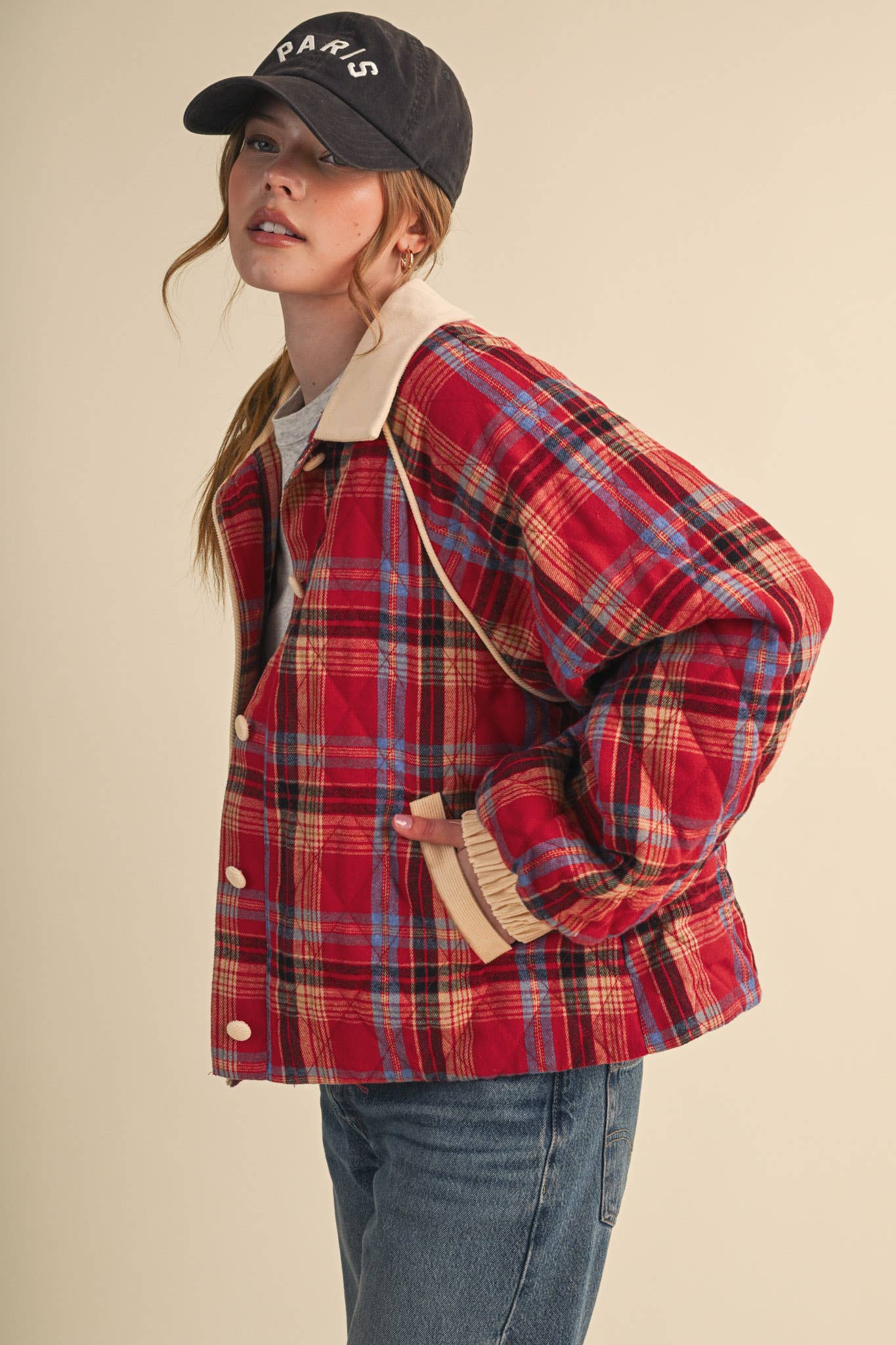 Plaid & Corduroy Contrast Quilted Jacket