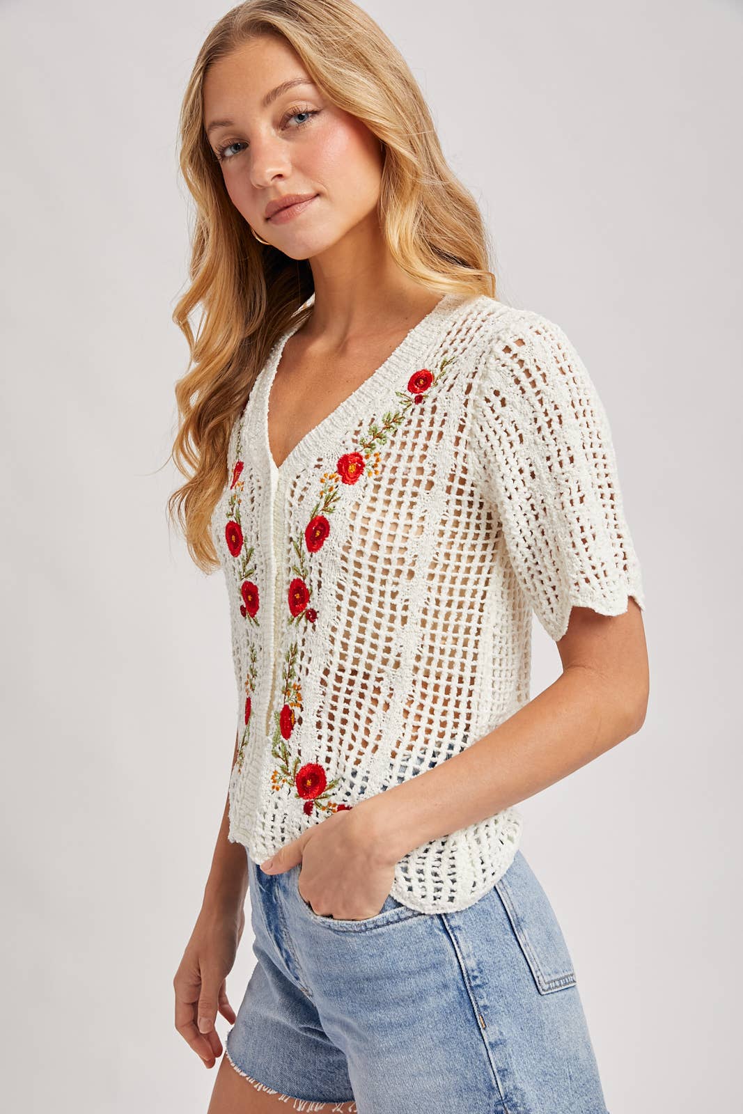 Floral Embroidered Crochet Cardigan