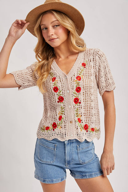 Floral Embroidered Crochet Cardigan