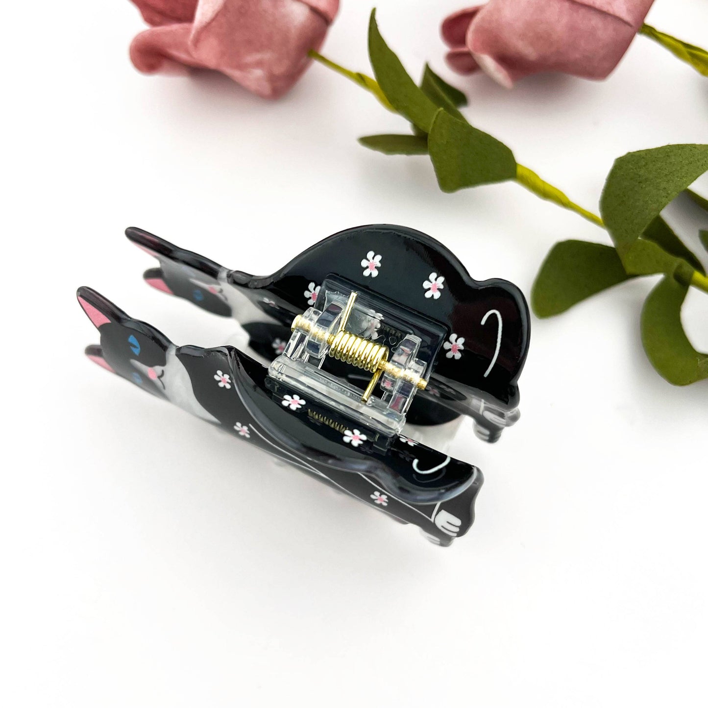 Whimsical Floral Tuxedo Cat Claw Clip