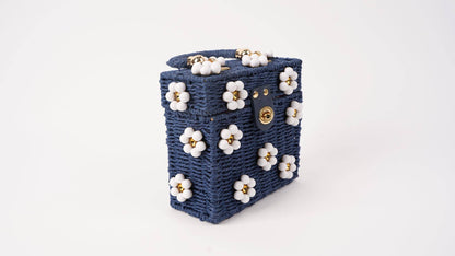 Wicker Bucket Daisy Flower Purse: Navy + White Daisy