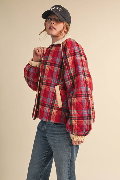 Plaid & Corduroy Contrast Quilted Jacket