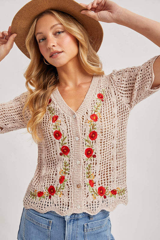 Floral Embroidered Crochet Cardigan