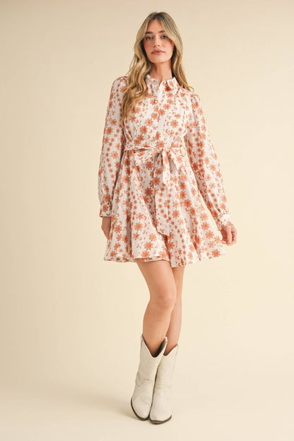 Floral Embroidery Button Down Flared Mini Dress