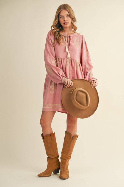 Embroidered Puff Sleeve Mini Dress