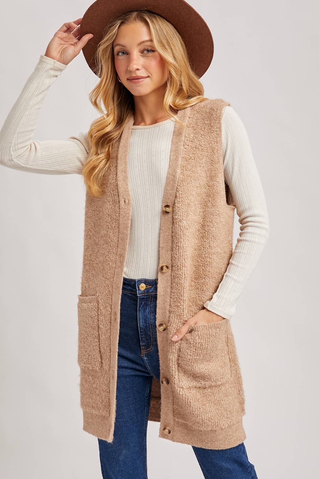 Button Down V-Neck Teddy Knit Vest