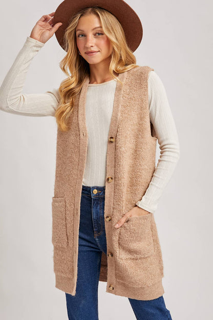 Button Down V-Neck Teddy Knit Vest