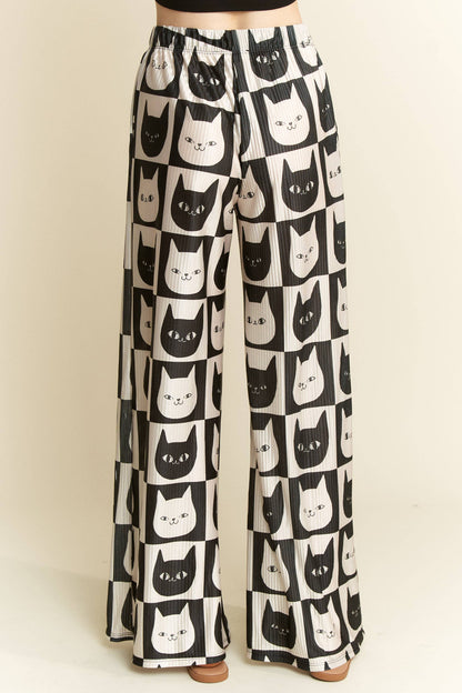 Mid-Rise Cat Face Satin Pants