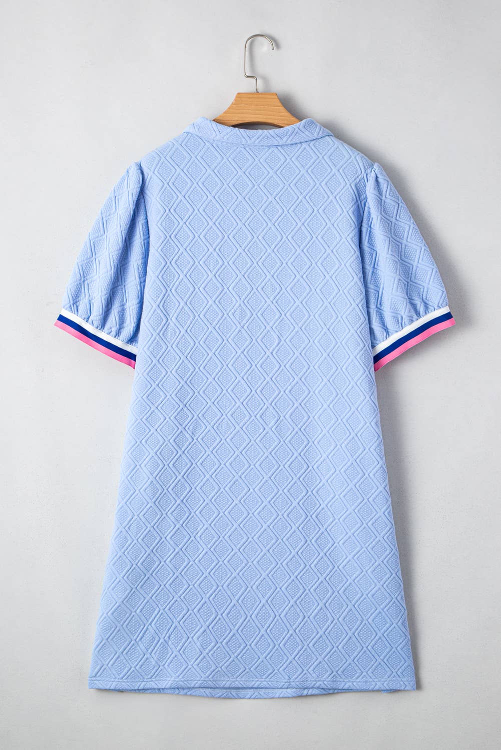 Striped Trim Zipped Stand Collar Puff Sleeve Dress