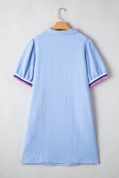 Striped Trim Zipped Stand Collar Puff Sleeve Dress