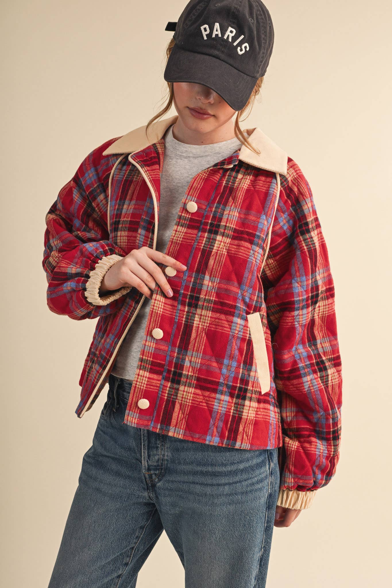 Plaid & Corduroy Contrast Quilted Jacket