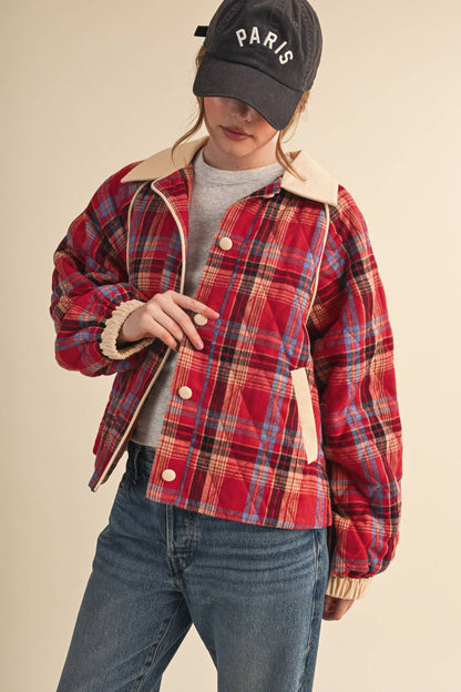 Plaid & Corduroy Contrast Quilted Jacket