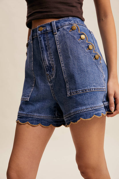Scallop Button-Side Denim Shorts
