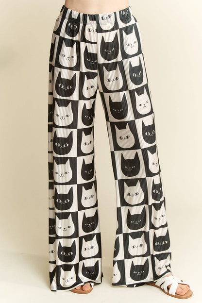 Mid-Rise Cat Face Satin Pants