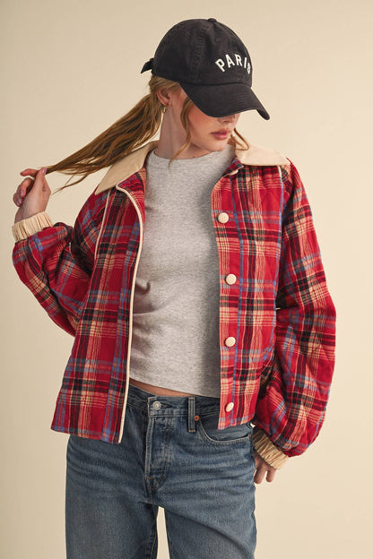 Plaid & Corduroy Contrast Quilted Jacket