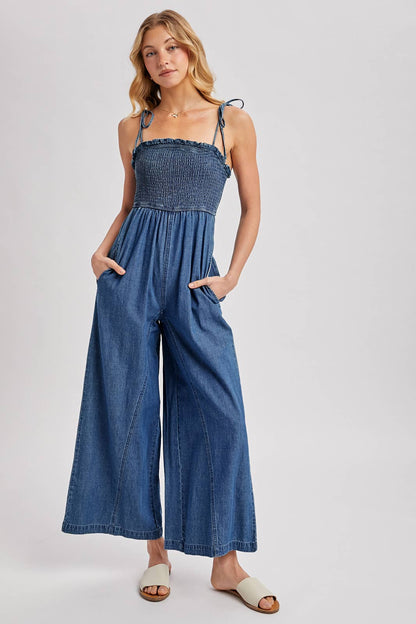 Denim Smocked Jumpsuit