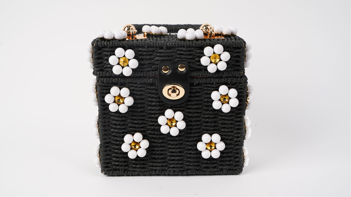 Wicker Bucket Daisy Flower Purse: Navy + White Daisy