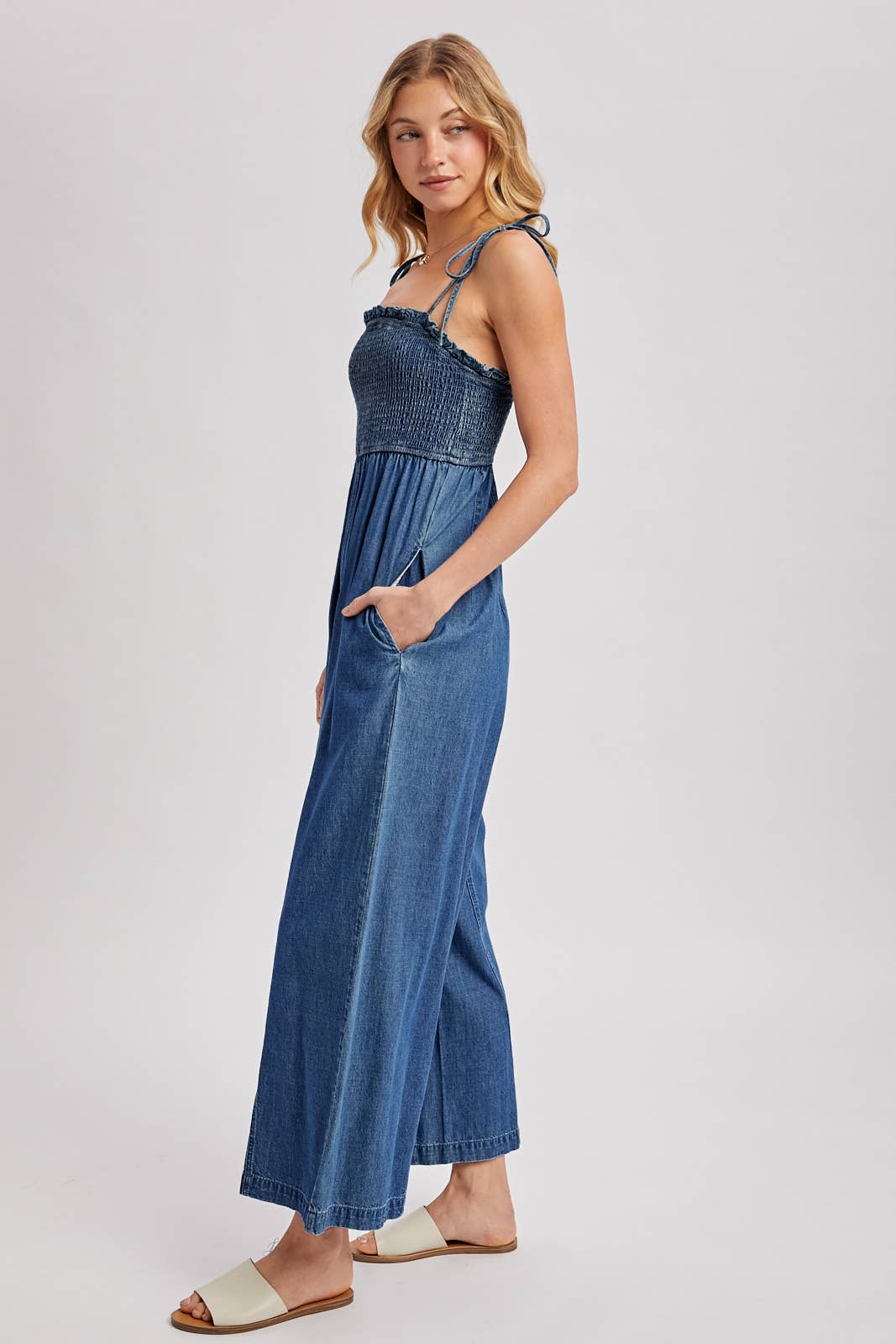 Denim Smocked Jumpsuit
