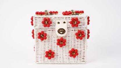 Wicker Bucket Daisy Flower Purse: White Purse + Red Daisy / Yellow Rhinestone