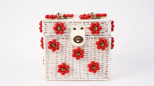 Wicker Bucket Daisy Flower Purse: White Purse + Red Daisy / Yellow Rhinestone