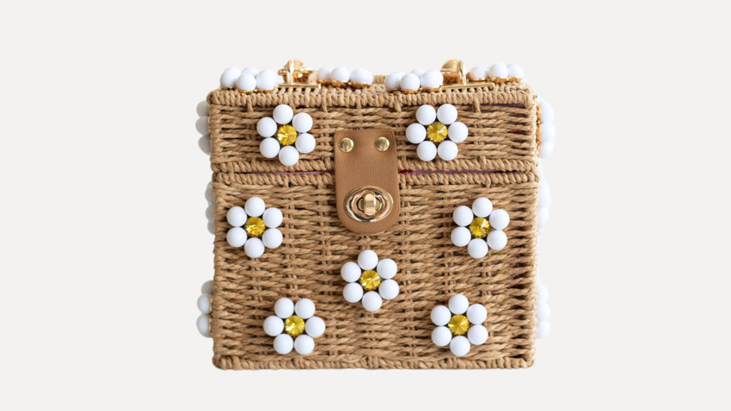 Wicker Bucket Daisy Flower Purse: Cream + Light Pink Daisy