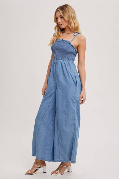 Denim Smocked Jumpsuit