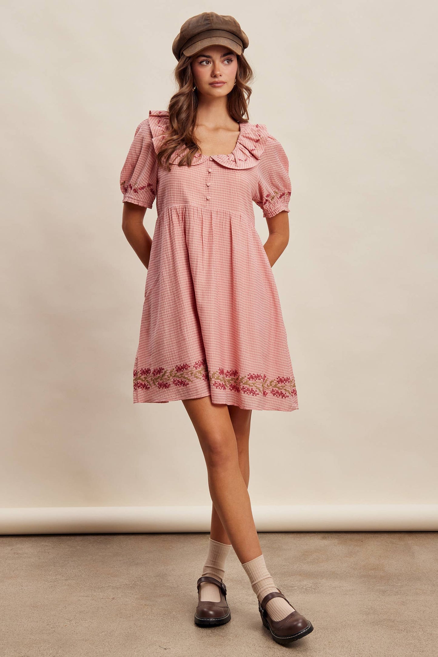 Embroidered Ruffle Collar Textured Gingham Dress