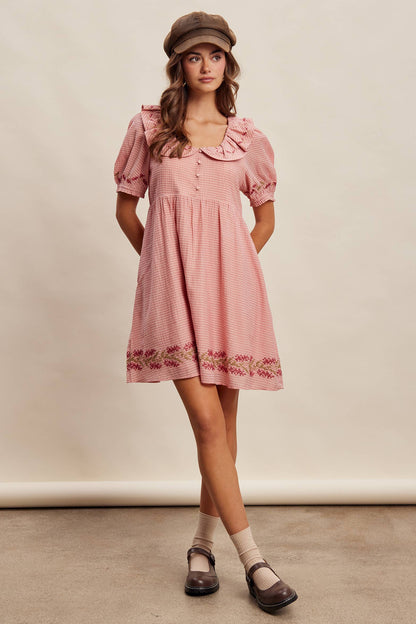 Embroidered Ruffle Collar Textured Gingham Dress