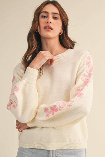 Floral Embroidered Sleeve Pullover