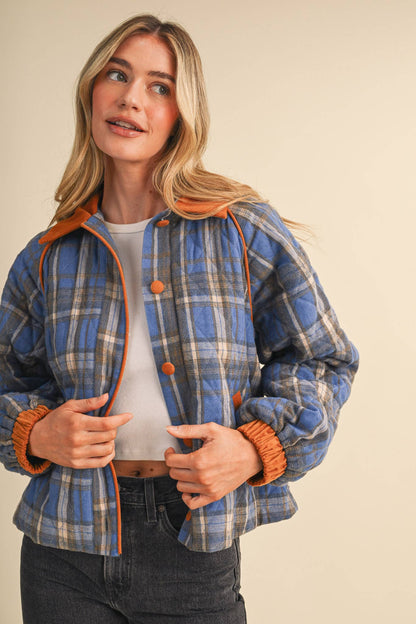 Plaid & Corduroy Contrast Quilted Jacket
