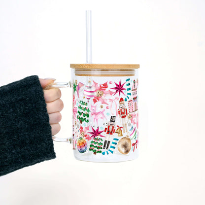 Whimsical Christmas Clear Glass Mug with Lid & Straw
