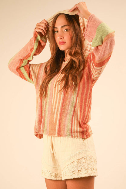 Multi Color Stripe Summer Knit Sweater Hoodie Top