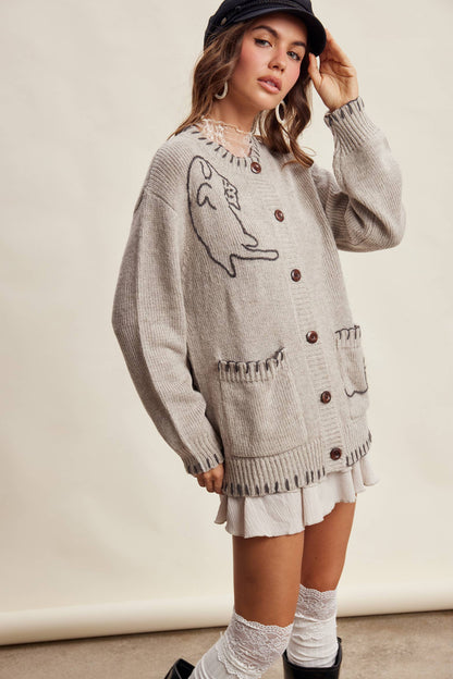 Whimsical Cat Knit Cardigan