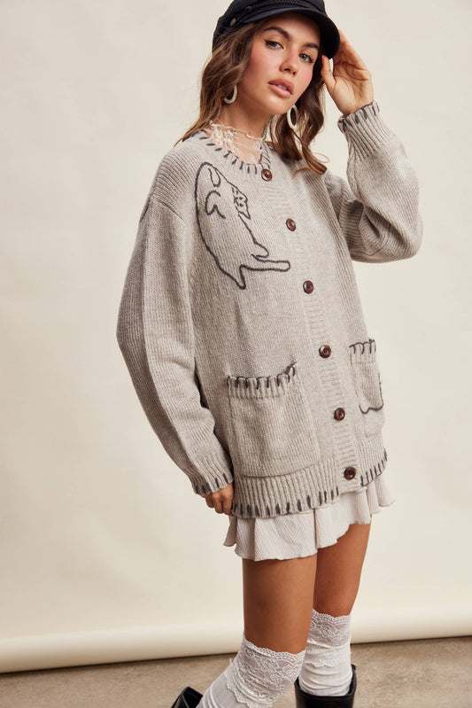Whimsical Cat Knit Cardigan