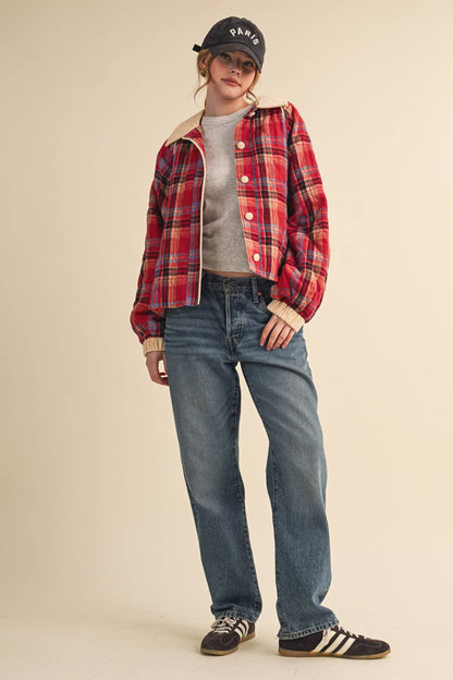 Plaid & Corduroy Contrast Quilted Jacket