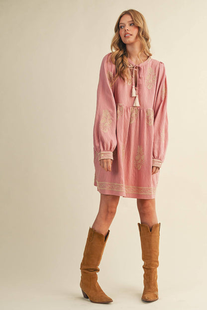 Embroidered Puff Sleeve Mini Dress