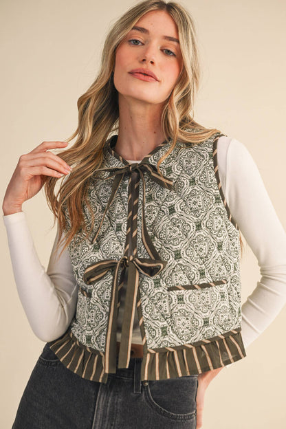Quilted Block Print Ruffle Vest