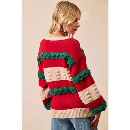 Christmas Theme Ruffled Details Sweater Top
