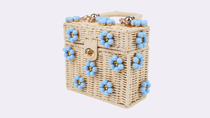 Wicker Bucket Daisy Flower Purse: White Purse + Red Daisy / Yellow Rhinestone