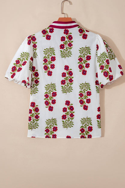 Floral Short Bubble Sleeve Contrast Top