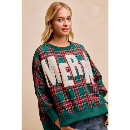 Merry Letter Patches Plaid Sweatshirt