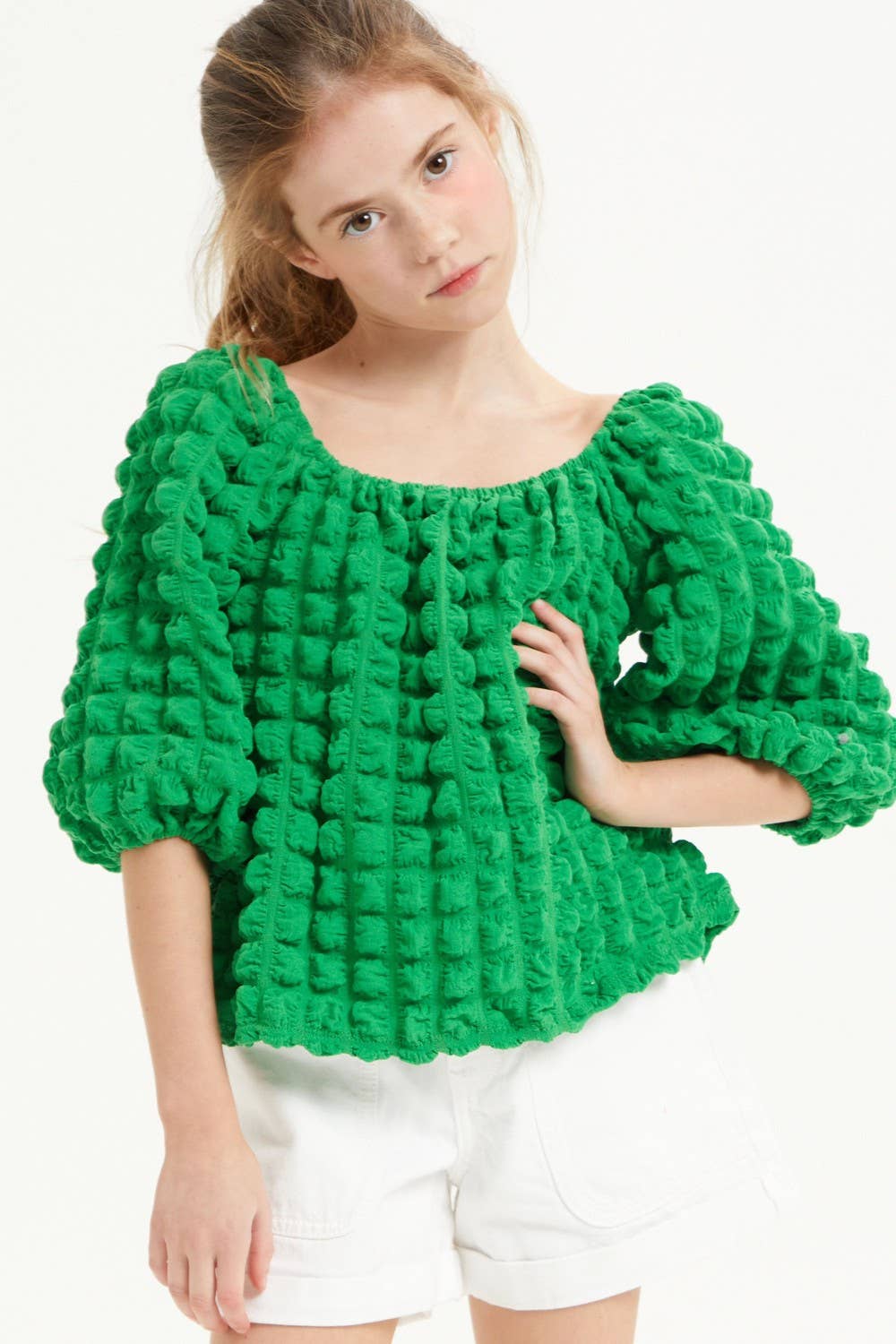 Embossed Bubble Texture Balloon Sleeve Top