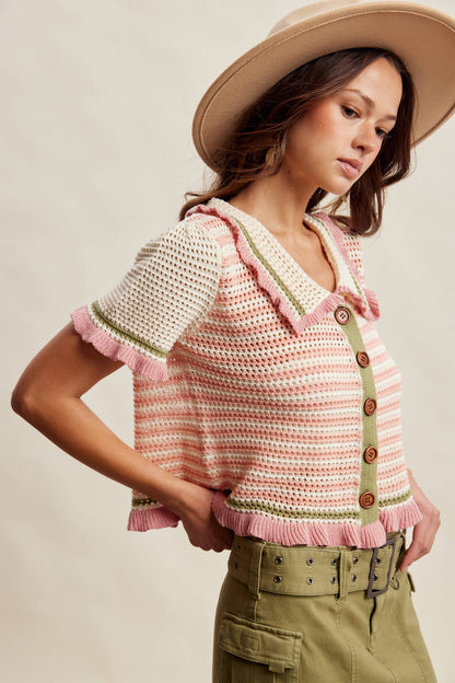 Ruffle Trim Crochet Knit Cardigan Top