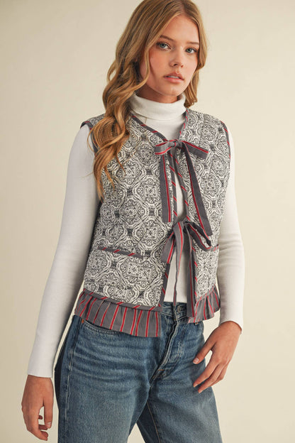 Quilted Block Print Ruffle Vest