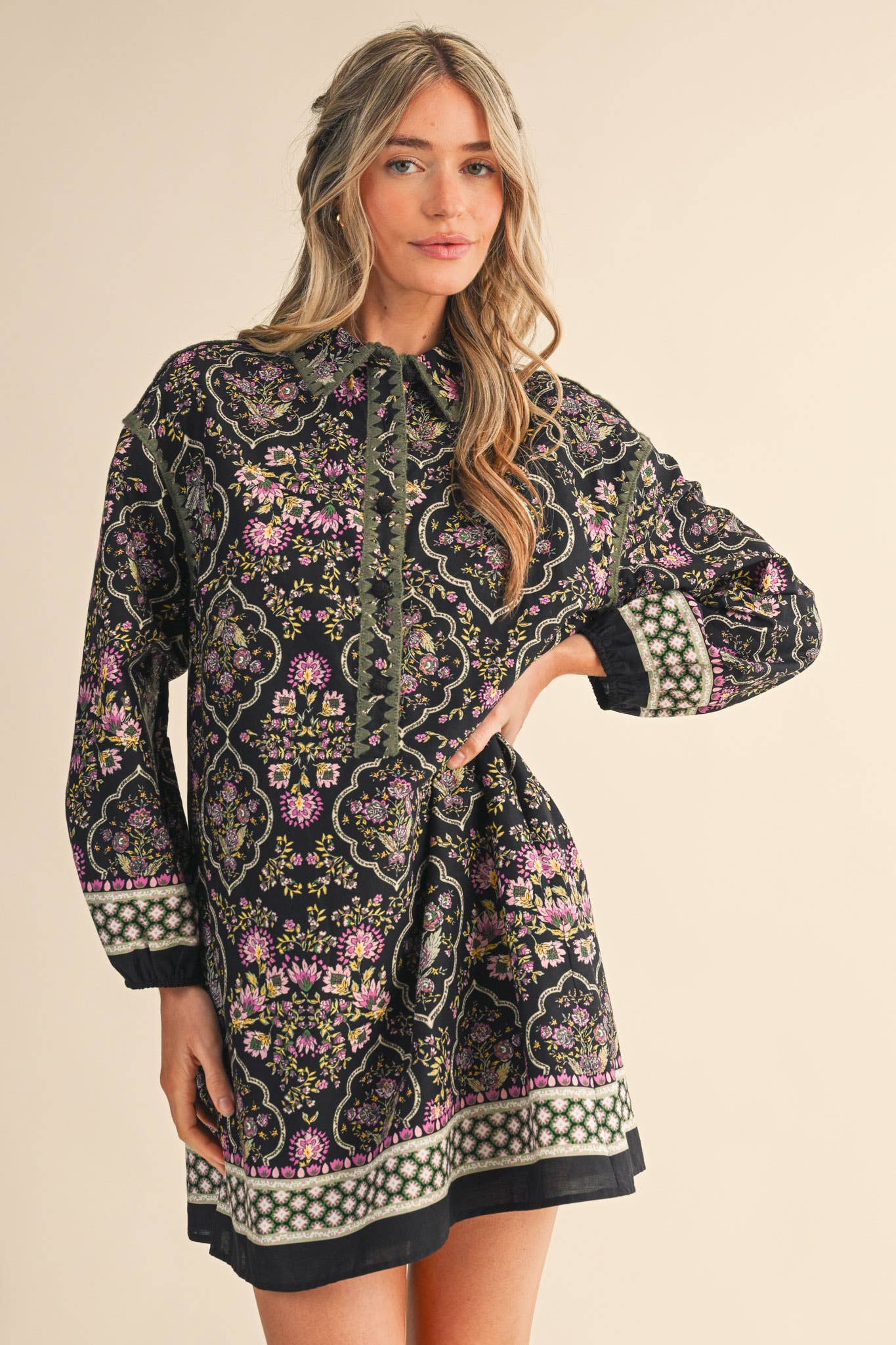 Triangle Stitch Button Down Mini Dress