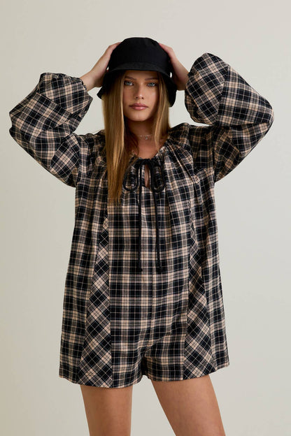 Round Neck Plaid Flannel Romper