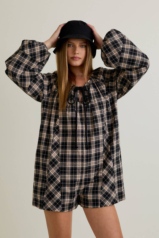 Round Neck Plaid Flannel Romper
