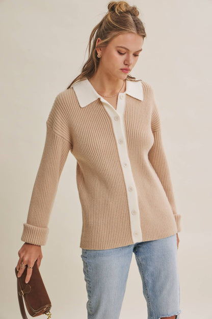 Contrast Collar Ribbed Cardigan