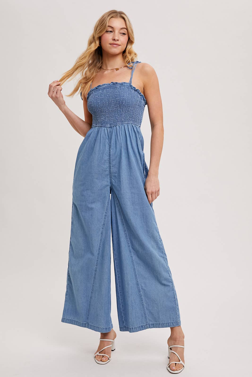 Denim Smocked Jumpsuit