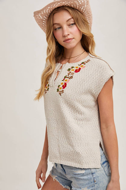 Embroidered Notch Neck Knit Top